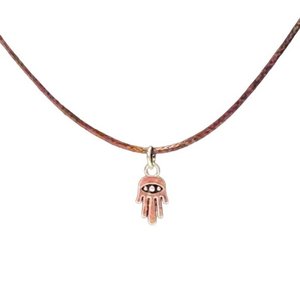 Handmade silver tone alloy Hamsa charm adjustable brown leather cord‎ necklace